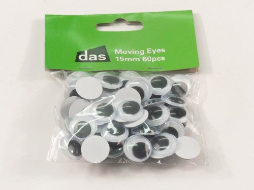 Pack of 60 self-adhesive 15mm moving googly eyes for adding playful personality to crafts and DIY projects.