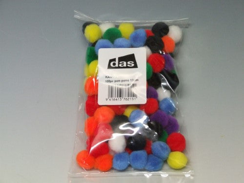 Assorted 13mm pom poms in vibrant colors, perfect for crafting, scrapbooking, and DIY projects. Pack of 100.