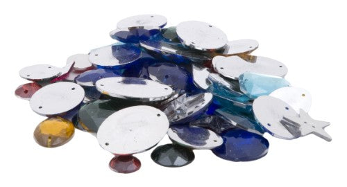Vibrant assorted rhinestones in various shapes and sizes, perfect for DIY projects and adding sparkle to crafts.