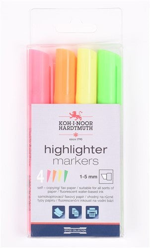 KOH-I-NOOR highlighters with vibrant inks, wedge tips, 1-5mm trace width, and 400m length for precise and lasting highlighting.