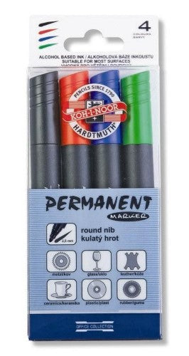 Koh-I-Noor permanent markers set of 4 in green, red, blue, and black with round tips for precise, vibrant artwork.
