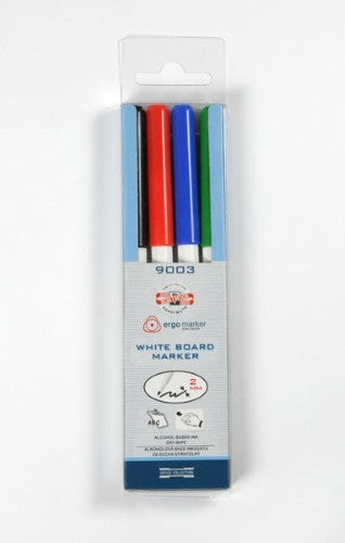 Koh-I-Noor Whiteboard Markers (4-pack) with 2mm round tips in vibrant red, blue, green, and black for dry-wipe functionality.