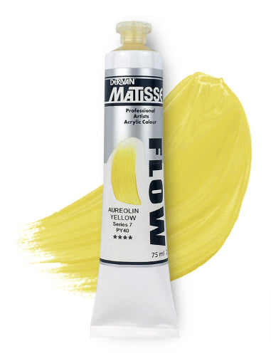 Matisse Flow Acrylic Paint in Aureolin Yellow S7, 75ml tube, showcasing vibrant color and smooth application for artists.