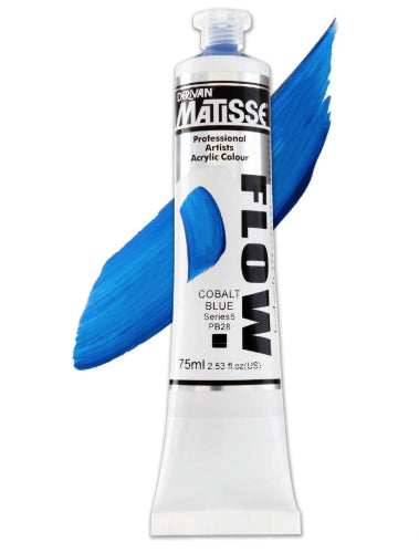 Matisse Flow 75ml Cobalt Blue S5 acrylic paint for smooth brushwork and vibrant color, ideal for detailed artistic projects.