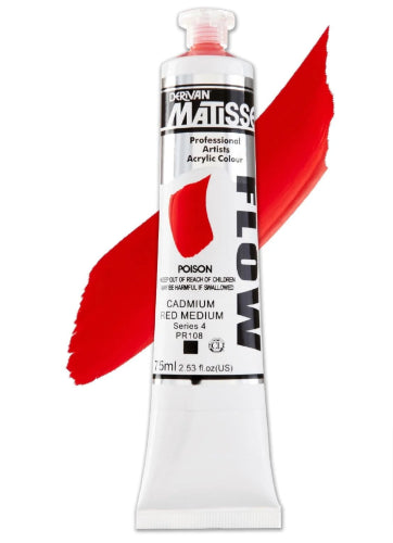 Matisse Flow 75ml Acrylic Paint in Cad Red Med S4, ideal for vibrant colors and smooth application in various techniques.