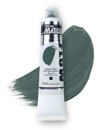 Matisse Flow 75ml Acrylic Paint in Green Grey S2, featuring low viscosity for smooth application and versatile artistic techniques.