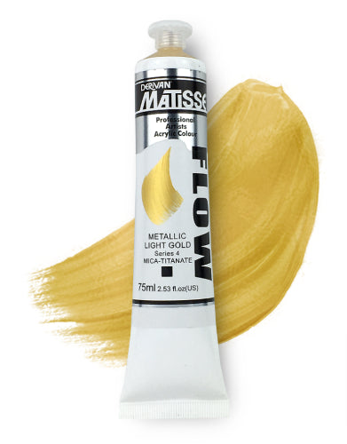 Matisse Flow 75ml Metallic Lt Gold acrylic paint, featuring a luxurious metallic sheen for vibrant artistic creations.