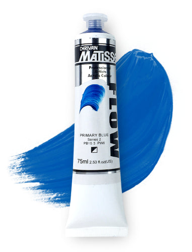 Matisse Flow acrylic paint in Primary Blue, 75ml, ideal for smooth brushstrokes and vibrant artistic expression.