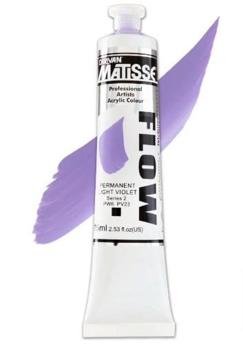 Matisse Flow 75ml Acrylic Paint in Permanent Light Violet, ideal for fluid brushstrokes and vibrant artwork.