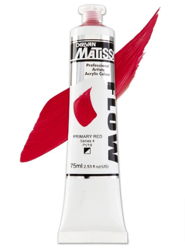 Vibrant Matisse Flow Acrylic Paint in Primary Red 75ml, perfect for smooth brushstrokes and versatile painting techniques.
