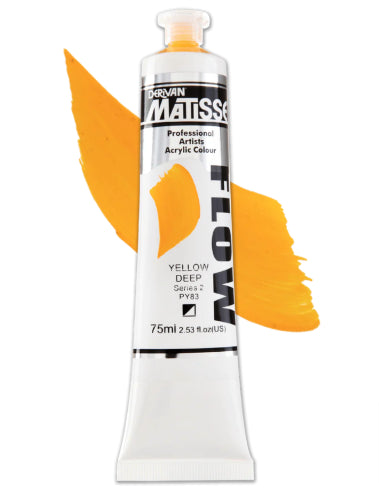 Matisse Flow 75ml Yellow Deep S2 acrylic paint, featuring intense pigmentation and smooth flow for vibrant artwork.