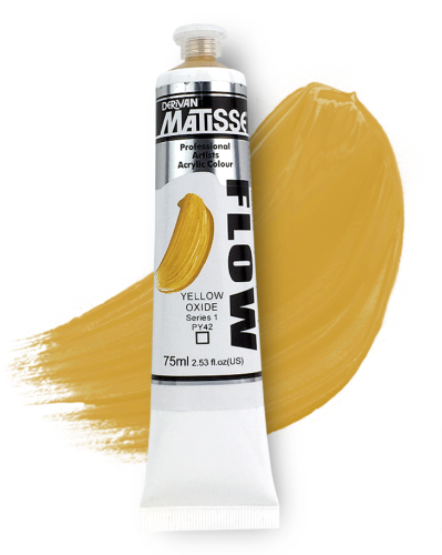Matisse Flow 75ml Yellow Oxide S1 acrylic paint, vibrant yellow shade, ideal for smooth brushwork and versatile art techniques.