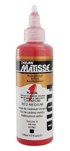 Matisse Fluid Acrylic Paint in Cadmium Red Medium, 135ml, known for its vibrant pigment and fluid consistency for blending.