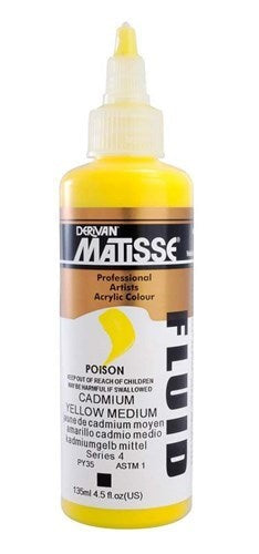 Matisse Fluid Acrylic Paint in Cadmium Yellow Medium, 135ml, featuring vibrant color, versatile usage, and excellent lightfastness.