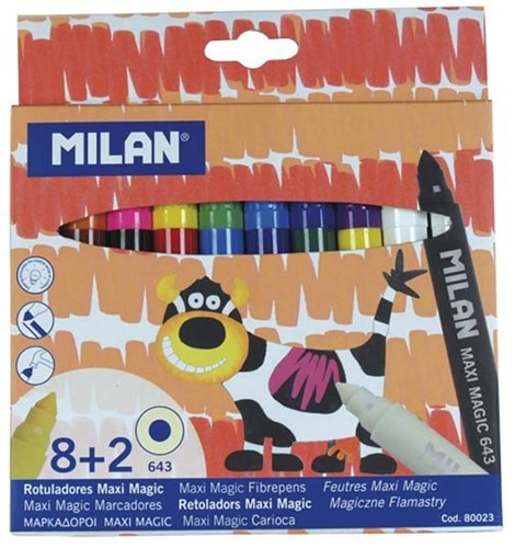 Milan Maxi Magic Fiberpens set with 8 vibrant fiber pens and 2 color-changing magic pens for creative kids' art projects.
