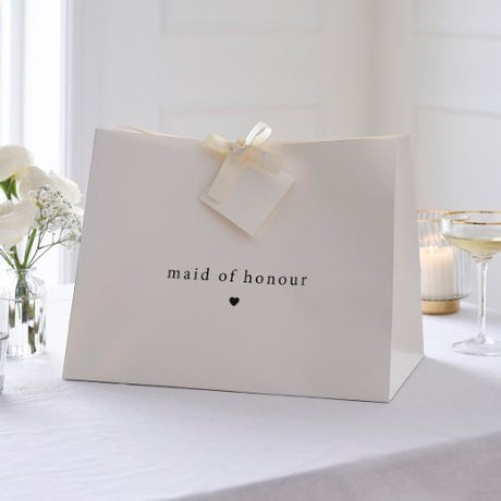 Elegant Modern Luxe Maid of Honour Gift Bag with off-white ribbon, tissue paper, and card tag for special occasions.