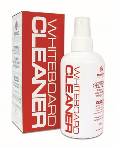 Mungyo Whiteboard Cleaner 250ml bottle, effective for eliminating ghosting and stains on whiteboards.