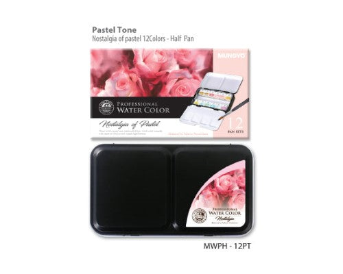 Mungyo Watercolour 12HP Pastel Set in a metal case with vibrant colors and two fold-out palettes for easy mixing.