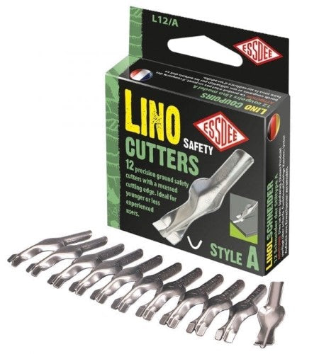 Box of 12 Essdee Safety Lino Cutters with recessed edges for controlled, safe cutting, ideal for artists and educators.