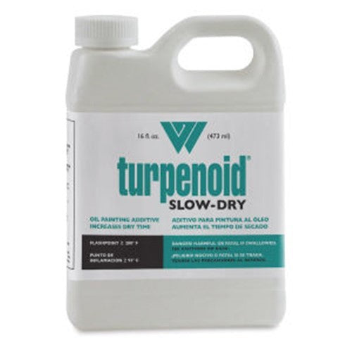 Martin F Weber Turpenoid Slow Dry 473ml, a safe, odorless thinning agent for oil paints, with a high flash point and slow evaporation.