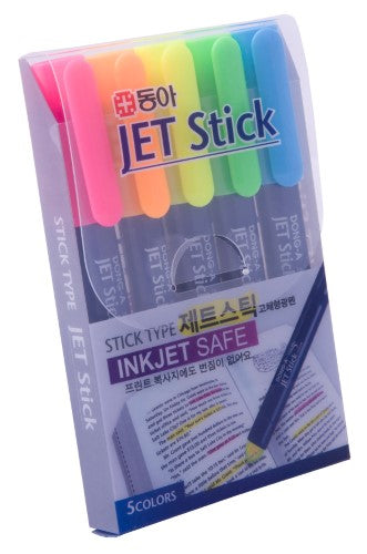 Dong-A Jet Stick Highlighter Set of 5 with vibrant colors, ink jet safe, designed for precision and long-lasting use.
