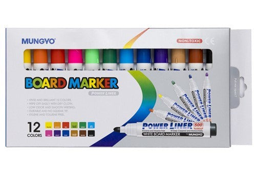 Mungyo White Board Marker Set of 12 with chisel tips for vivid, versatile writing and artistic expression.