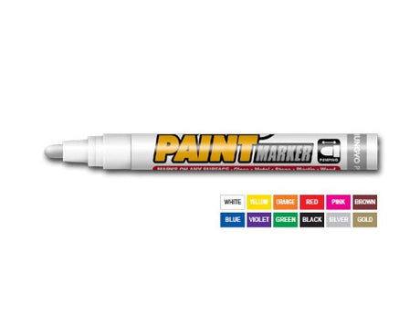 Mungyo Paint Marker in vibrant red for bold, permanent artwork on various surfaces like metal, glass, and stone.