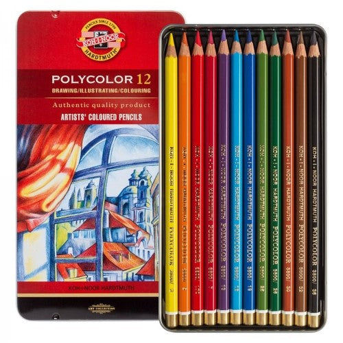 Set of 12 vibrant Polycolor colored pencils made from durable noble fir wood, ideal for artists and hobbyists.