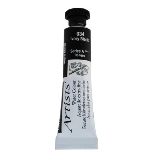 Daler-Rowney 5ml Ivory Black watercolour paint, featuring rich pigmentation and free-flowing consistency for professional artists.