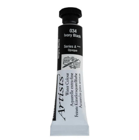 Daler-Rowney 5ml Ivory Black watercolour paint, featuring rich pigmentation and free-flowing consistency for professional artists.