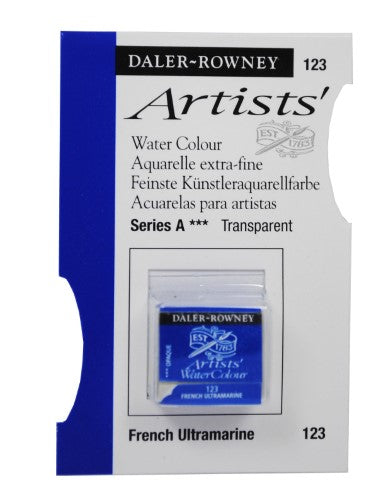 Daler Rowney French Ultramarine watercolour half pan, vibrant, lightfast, perfect for smooth washes and detailed art.