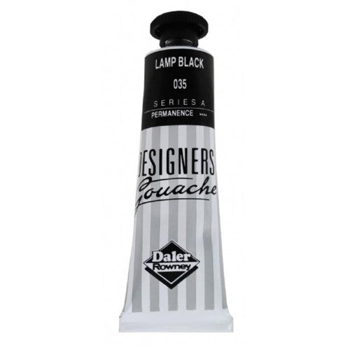 Rowney Gouache 15ml Lamp Black, an opaque deep black paint for artists, offering smooth application and vibrant results.