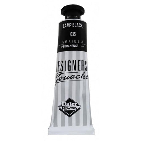 Rowney Gouache 15ml Lamp Black, an opaque deep black paint for artists, offering smooth application and vibrant results.