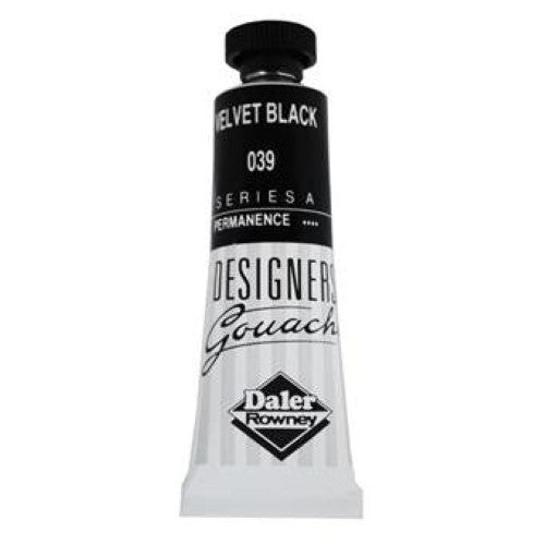 Rowney Gouache 15ml Velvet Black, premium opaque paint with excellent coverage, ideal for artists and designers.