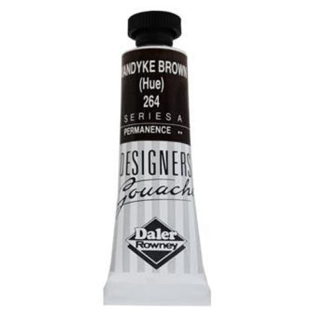 Rowney Gouache 15ml in Vandyke Brown Hue, offering rich, opaque color and excellent covering power for artists.