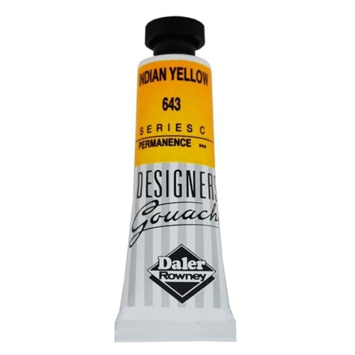 Rowney Gouache 15ml Indian Yellow paint, vibrant and opaque for artists, ideal for illustrations and graphic design.