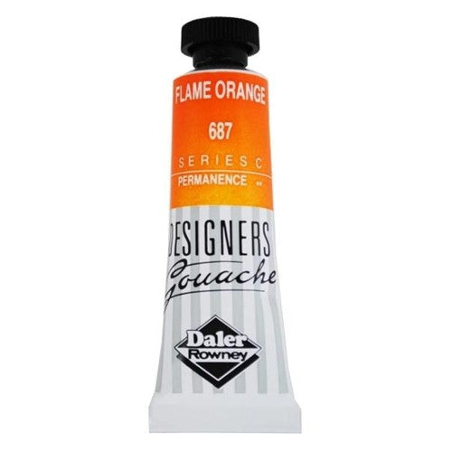 Rowney Gouache 15ml Flame Orange: vibrant opaque paint for artists, excellent pigment quality and covering power.