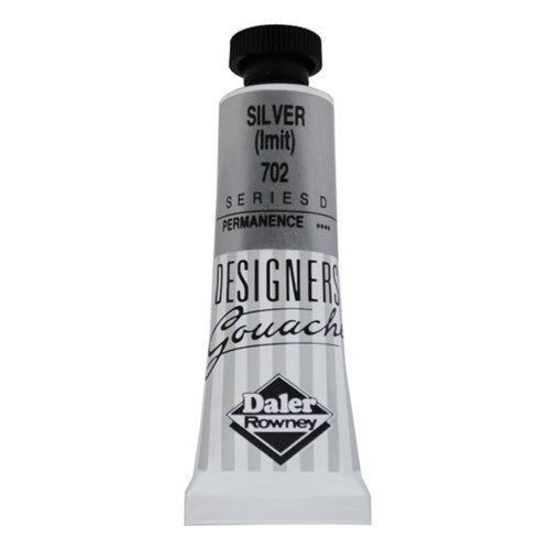 Rowney 15ml Silver Gouache paint, vibrant and opaque, perfect for illustrations and fine art with smooth texture.