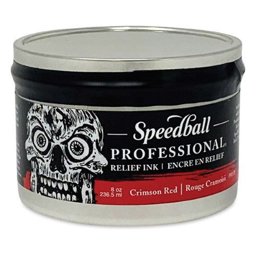 Speedball Pro Relief Ink 8oz in Crimson Red, ideal for vibrant, fade-resistant prints with fine detail for artists.