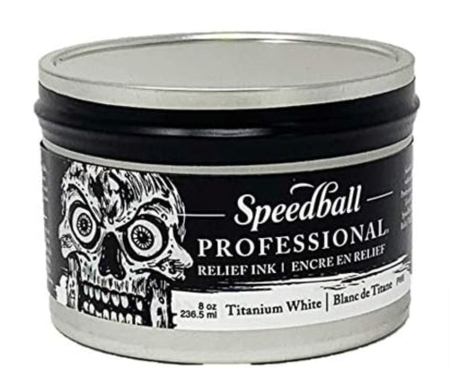 Speedball Pro Relief Ink 8oz Titanium White, premium water miscible oil-based ink for vibrant, archival-quality printmaking.