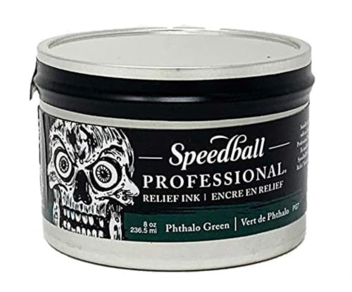 Speedball Pro Relief Ink 8oz in Phthalo Green, ideal for vibrant, archival-quality printmaking with easy cleanup.