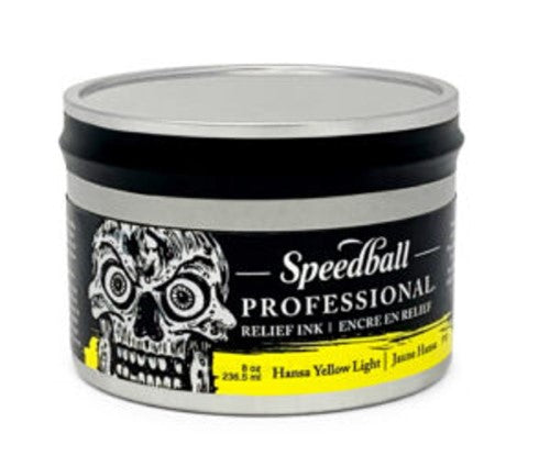 Speedball Pro Relief Ink 8oz in Hansa Yellow, ideal for vibrant relief printing with easy cleanup and superior handling.