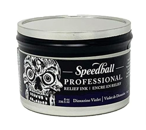 8oz bottle of Speedball Pro Relief Ink in Diox Violet, vibrant, water miscible ink for professional printmaking.
