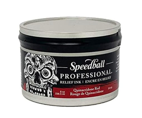 Speedball Pro Relief Ink 8oz in Quin Red, vibrant and lightfast, perfect for printmaking with rich color and easy cleanup.