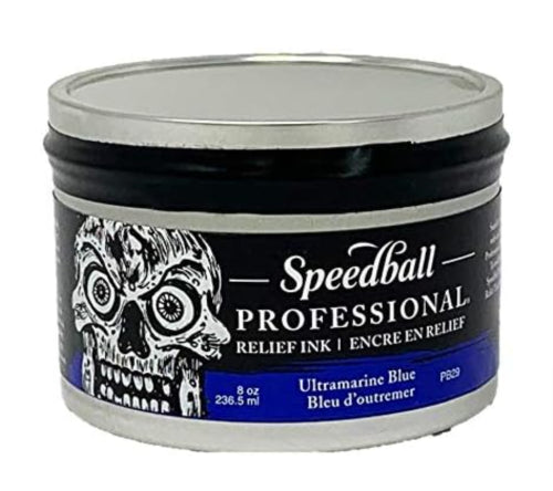 Speedball Pro Relief Ink 8oz in Ultramarine, vibrant water miscible ink for professional printmaking excellence.