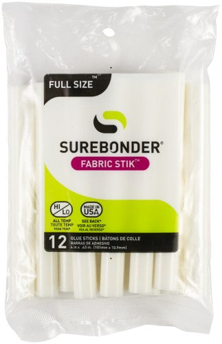 Surebonder Fabric Stik pack includes 12 fabric adhesive glue sticks for crafting, ideal for various materials and machine washable.