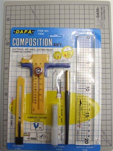 Cm-4 Cutting Set featuring a durable cutting mat, precision compass cutter, snap-blade knife, and acrylic ruler for crafting.