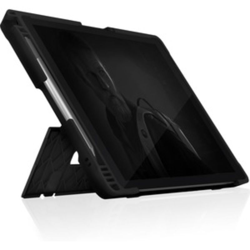 Black and transparent STM Dux Shell Case for Microsoft Surface Pro 4-7, offering drop resistance and full access to ports.