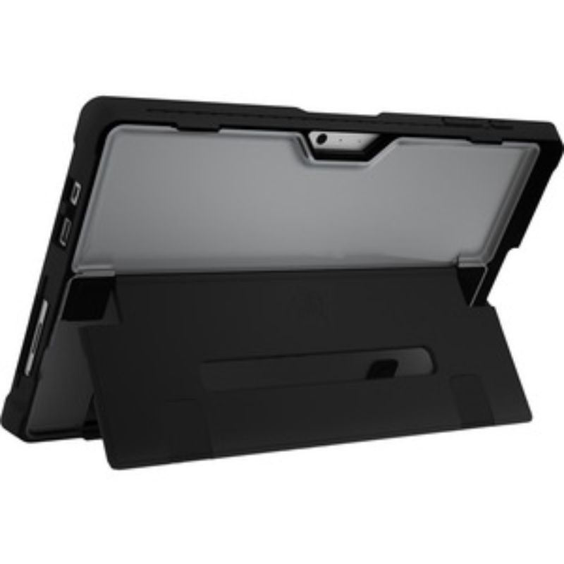 Black and transparent Dux Shell Case for Microsoft Surface Pro, featuring drop resistance and precise cutouts for accessibility.