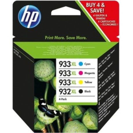 HP 932XL/933XL ink cartridge combo pack for Officejet printers, featuring vibrant colors and high yield for quality printing.